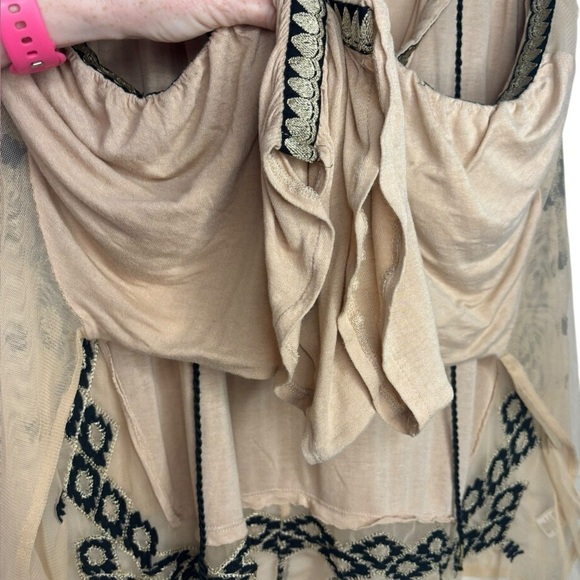 Free People Embroidered Oversized Sheer Boho Eden Top Tan Black Size Small - Picture 5 of 14